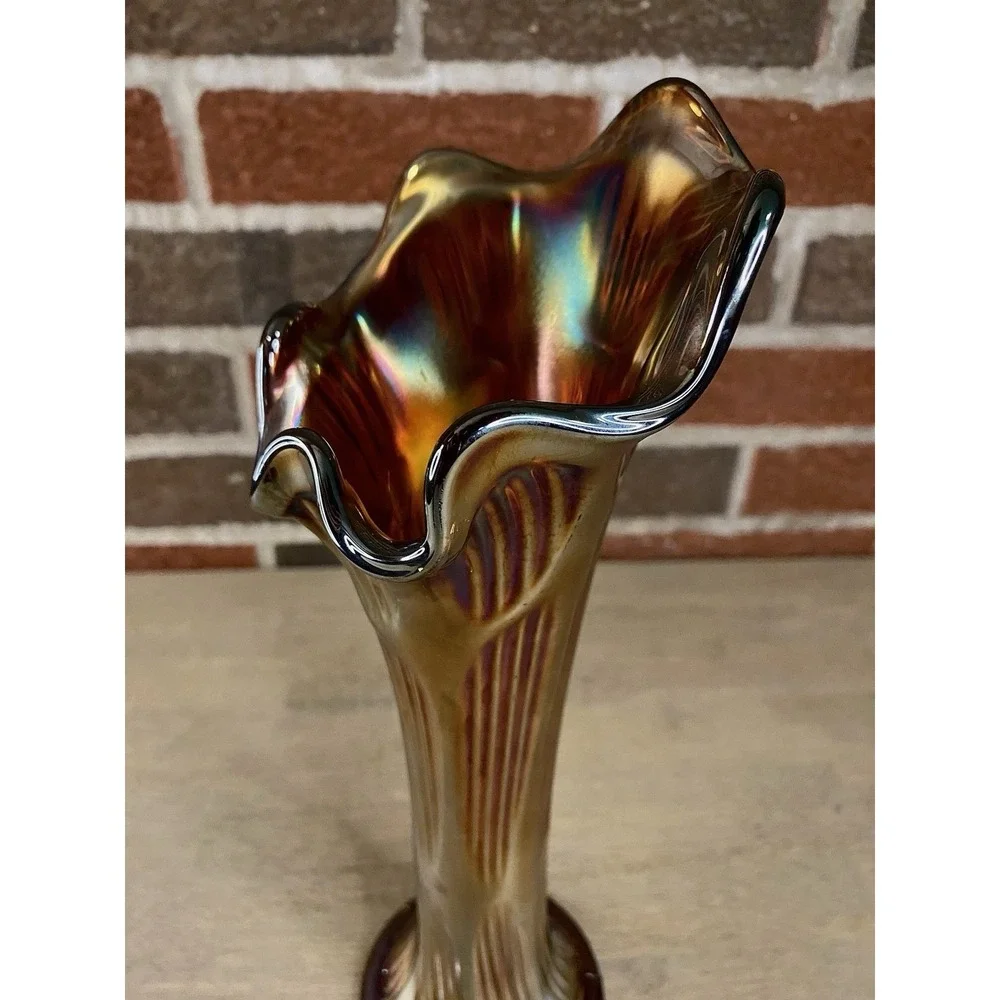 Fenton Carnival Glass Diamond And Rib‎ Pattern Vase Vintage 11.5